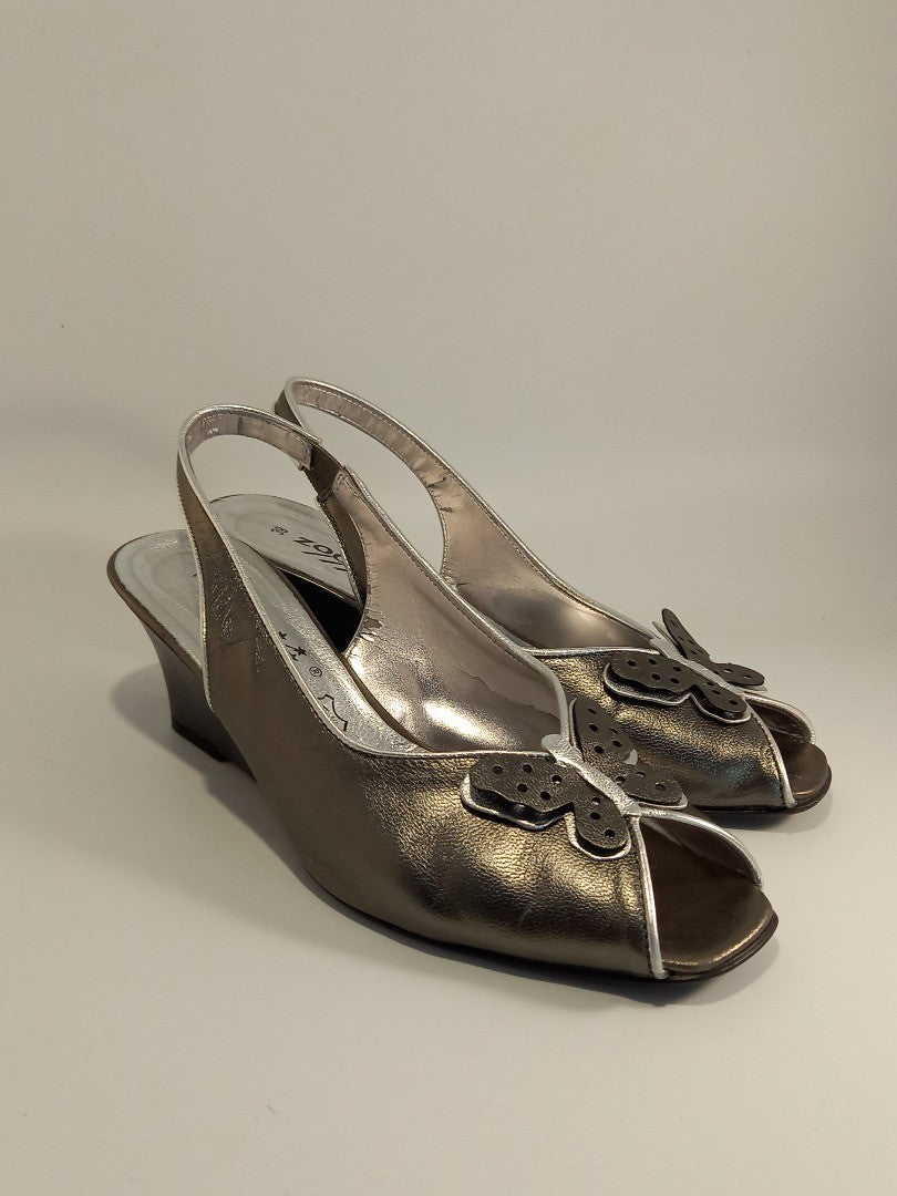 Zodiaco Metallic Grey Leather Butterfly Open Toe Wedge Heels - Size UK 5