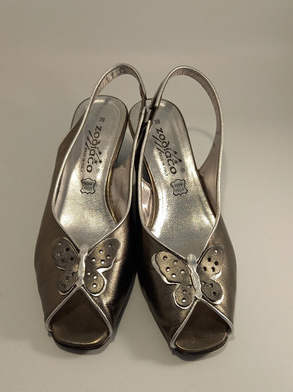 Zodiaco Metallic Grey Leather Butterfly Open Toe Wedge Heels - Size UK 5