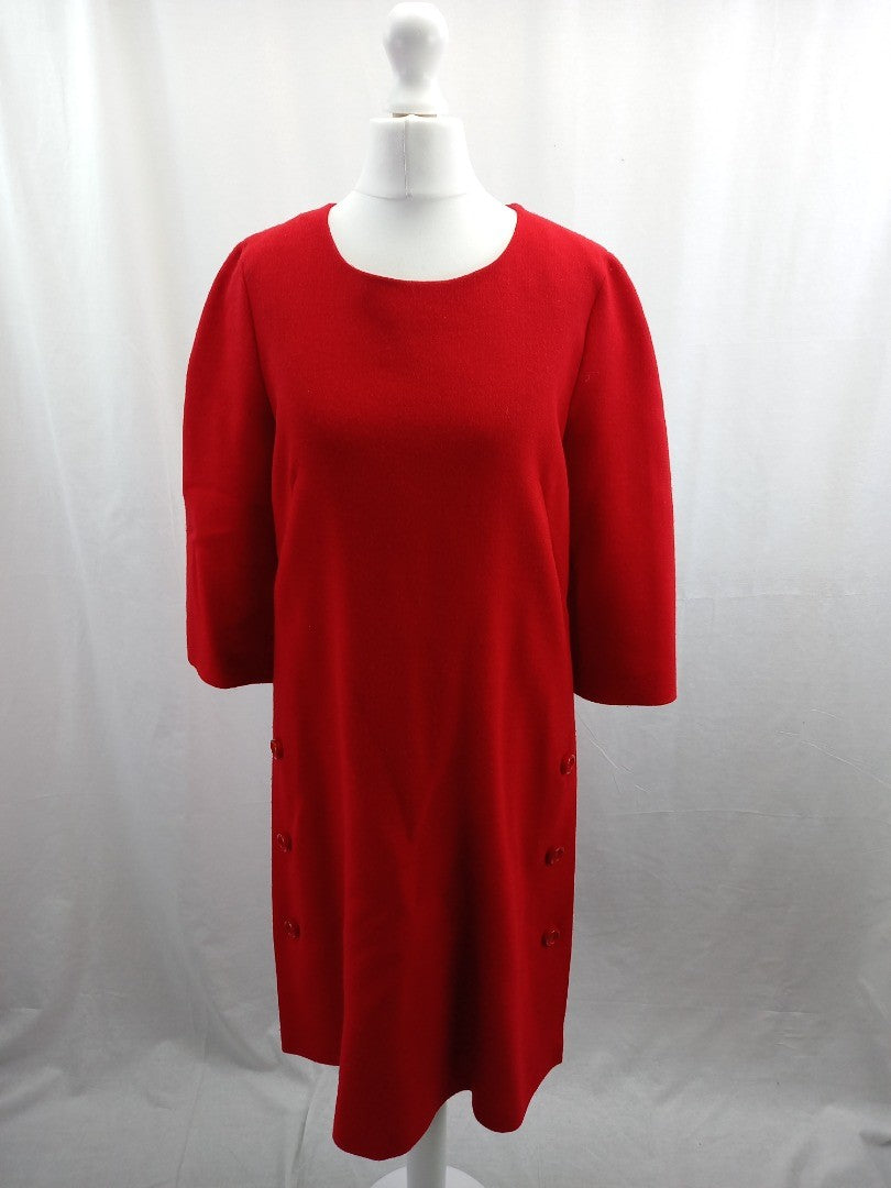 weill dress red shift dress 3/4 sleeves wool zip back button detail on front 12