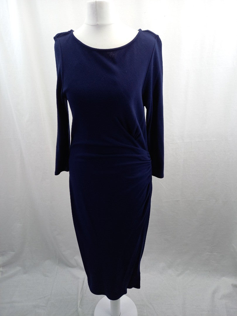 phase eight dress fixed wrap front navy blue 3/4 sleeves midi length size 16