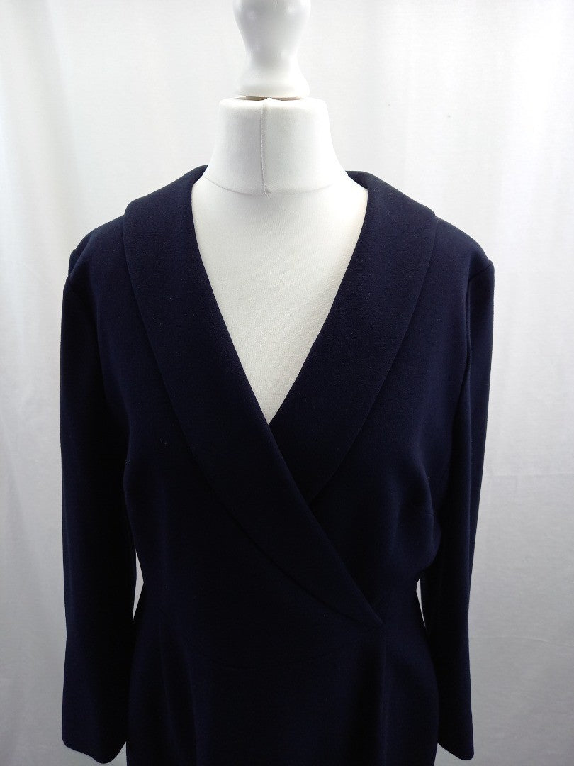 l k bennett dress navy blue wrap front with collar long sleeve back zip size 14