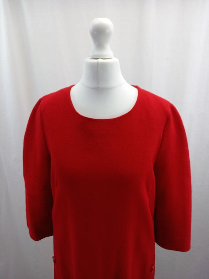 weill dress red shift dress 3/4 sleeves wool zip back button detail on front 12