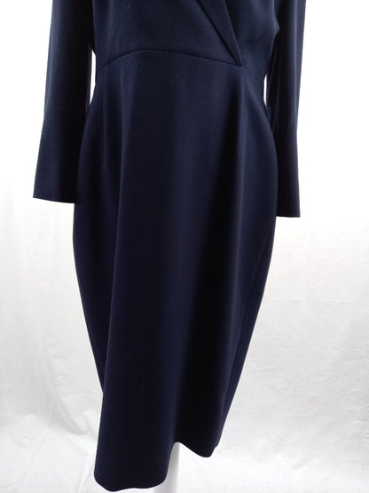 l k bennett dress navy blue wrap front with collar long sleeve back zip size 14