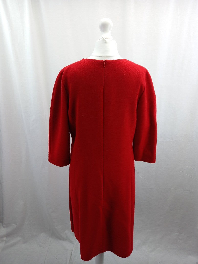 weill dress red shift dress 3/4 sleeves wool zip back button detail on front 12