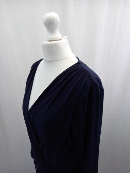 planet fixed wrap dress navy blue size 12 with stretch long sleeves