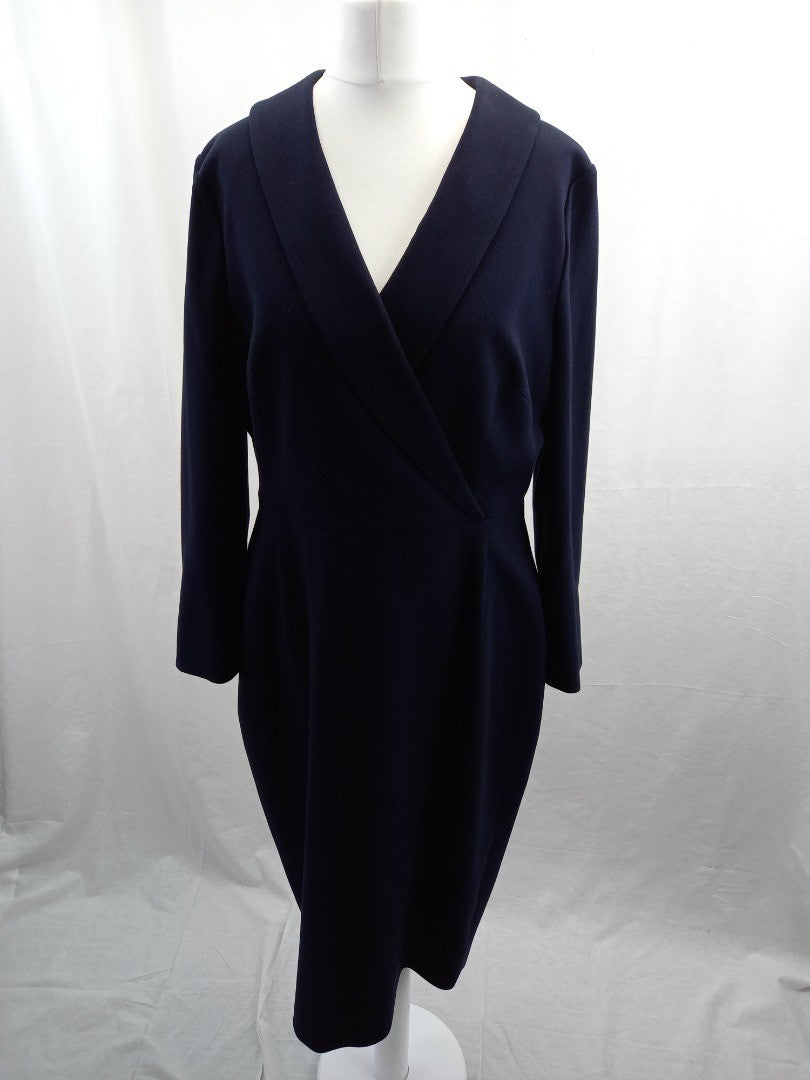 l k bennett dress navy blue wrap front with collar long sleeve back zip size 14