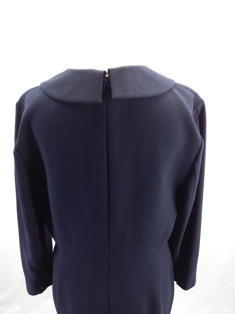 l k bennett dress navy blue wrap front with collar long sleeve back zip size 14