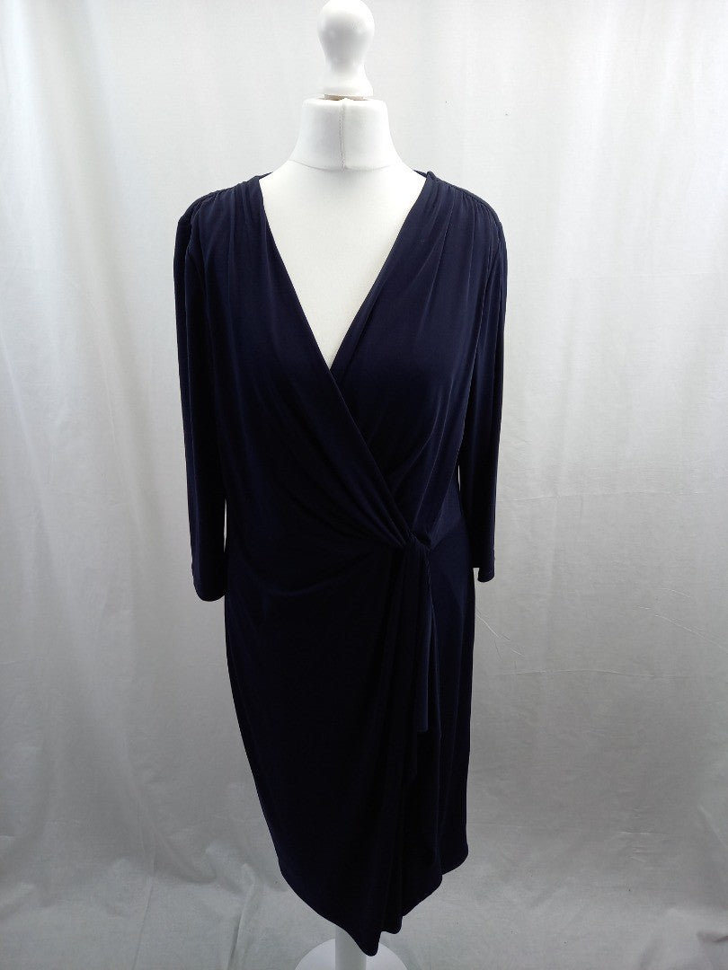 planet fixed wrap dress navy blue size 12 with stretch long sleeves