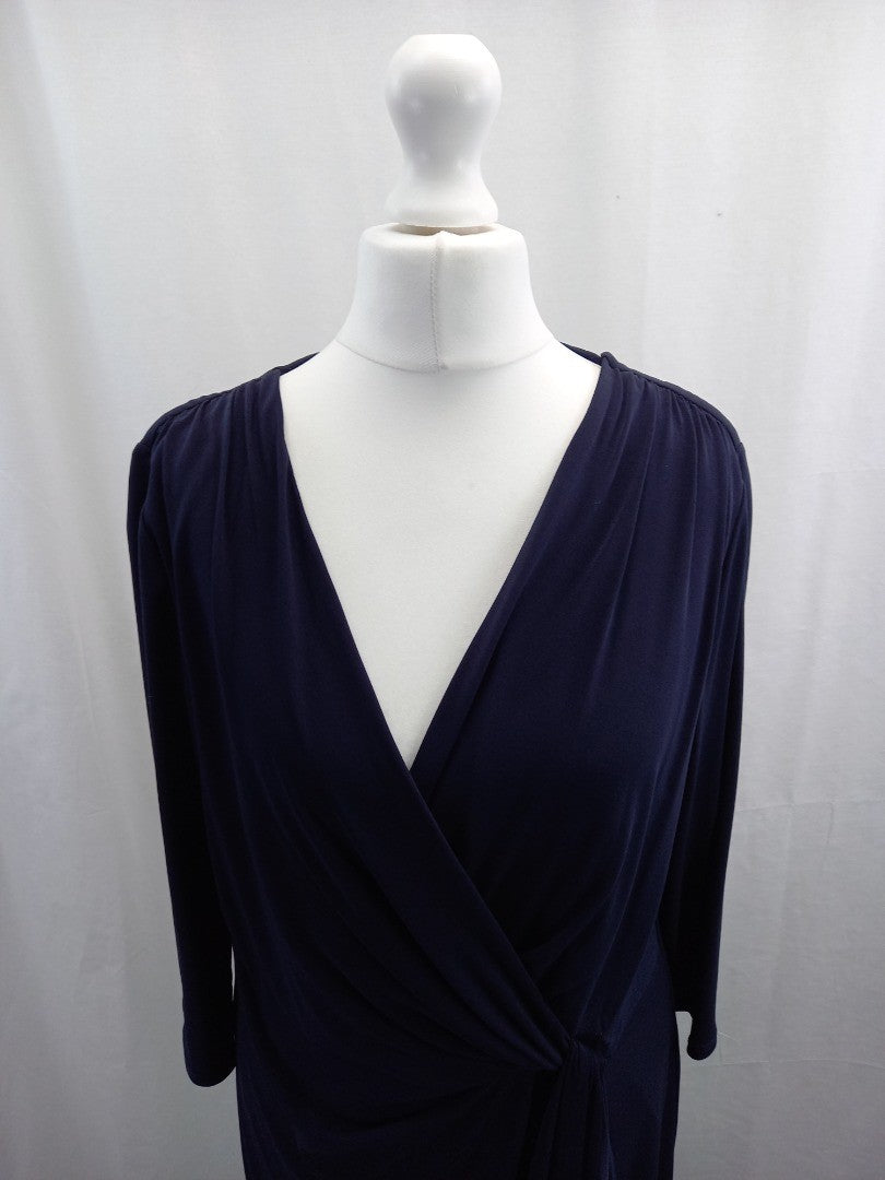 planet fixed wrap dress navy blue size 12 with stretch long sleeves