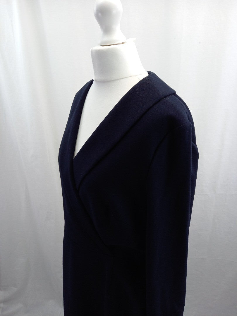 l k bennett dress navy blue wrap front with collar long sleeve back zip size 14