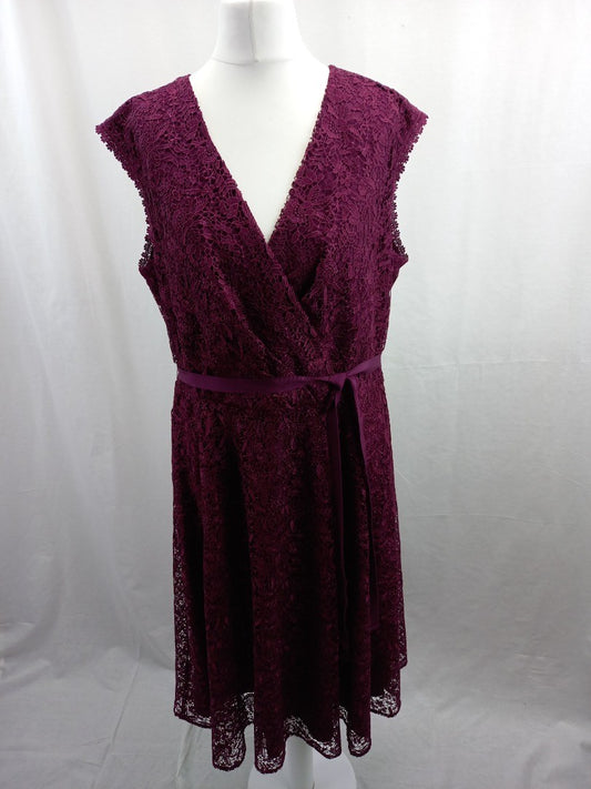 phase eight lace dress burgundy wine red cap sleeves ribbon belt zip back 14