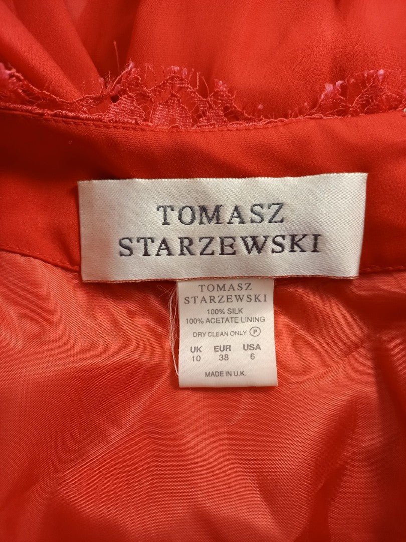 tomasz starzewski dress red size 10 lace and silk fit and flare party prom dress