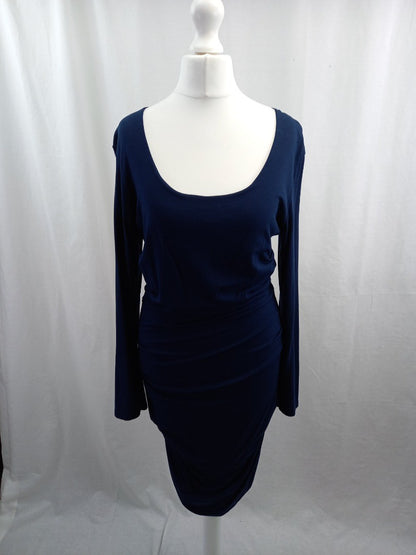 me and em dress navy blue size medium stretchy ruched sides scoop neck VGC