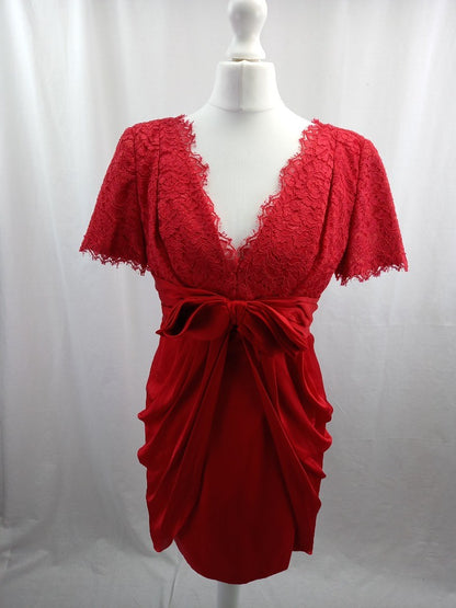 tomasz starzewski dress red size 10 lace and silk fit and flare party prom dress