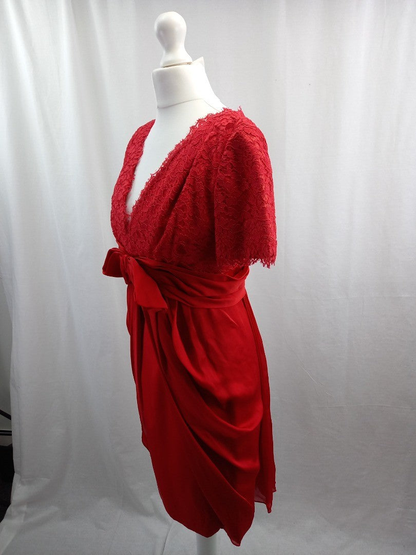 tomasz starzewski dress red size 10 lace and silk fit and flare party prom dress