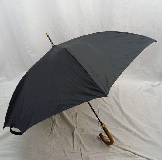 Pierre Cardin Umbrella Black Vintage 1950s Brown Wooden Handle Excellent