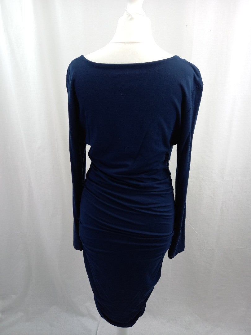 me and em dress navy blue size medium stretchy ruched sides scoop neck VGC