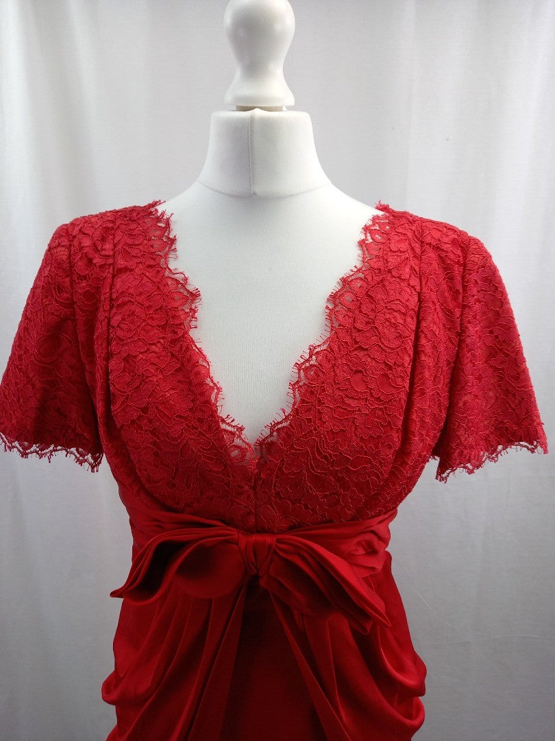 tomasz starzewski dress red size 10 lace and silk fit and flare party prom dress