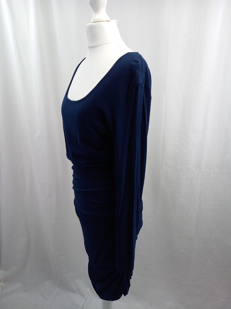 me and em dress navy blue size medium stretchy ruched sides scoop neck VGC