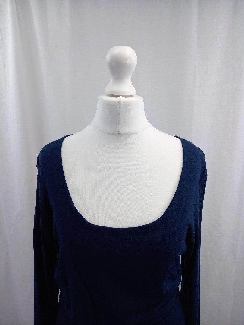 me and em dress navy blue size medium stretchy ruched sides scoop neck VGC