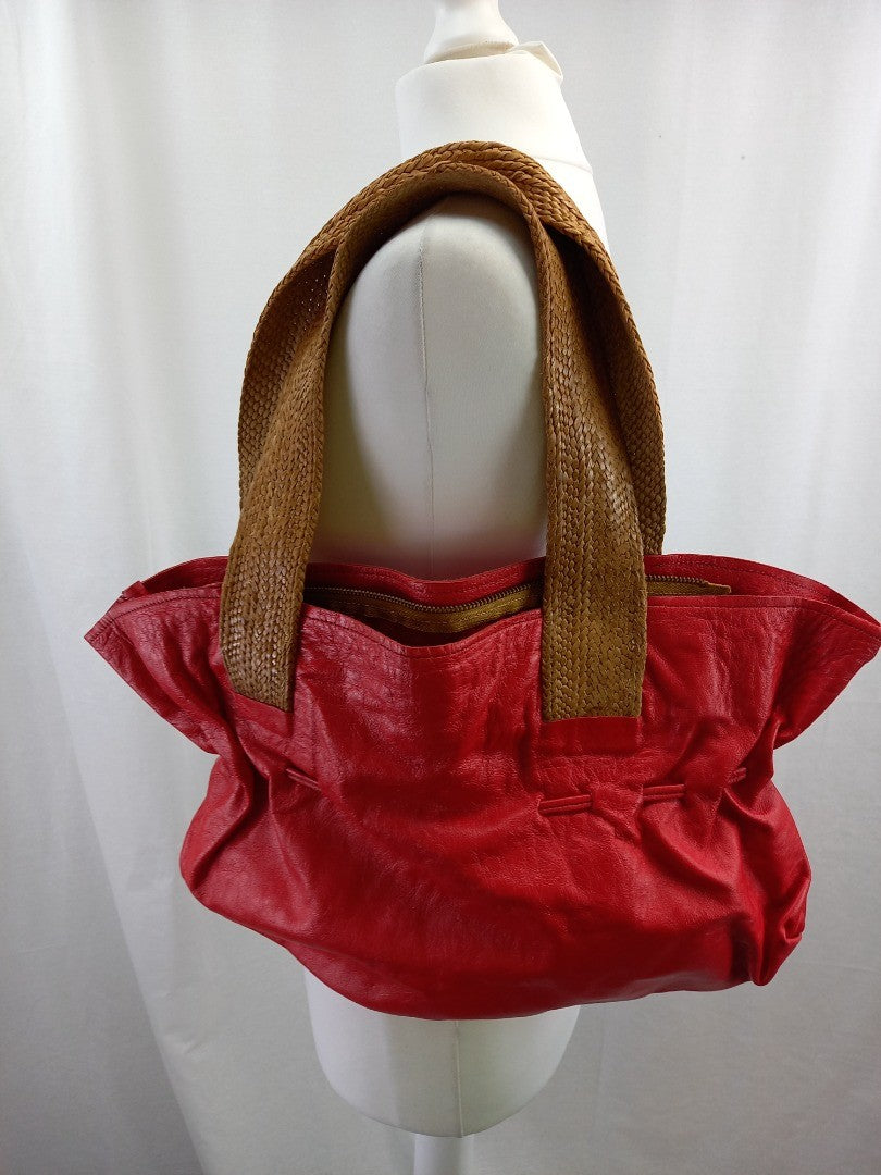 Sahel London Red Ethical Goat-Leather Shoulder Bag w/ Woven Straps Fulani Craft