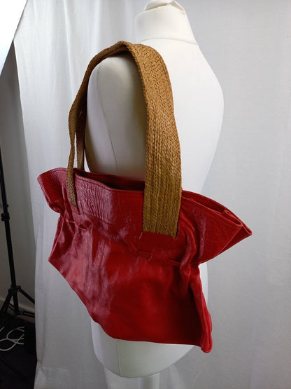 Sahel London Red Ethical Goat-Leather Shoulder Bag w/ Woven Straps Fulani Craft