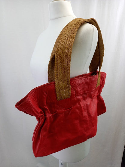 Sahel London Red Ethical Goat-Leather Shoulder Bag w/ Woven Straps Fulani Craft