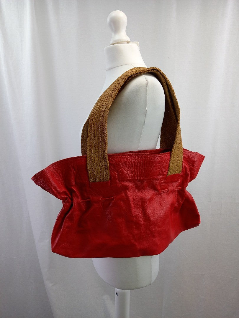 Sahel London Red Ethical Goat-Leather Shoulder Bag w/ Woven Straps Fulani Craft