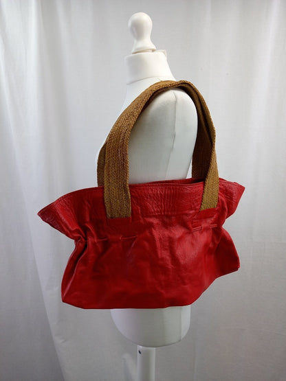 Sahel London Red Ethical Goat-Leather Shoulder Bag w/ Woven Straps Fulani Craft