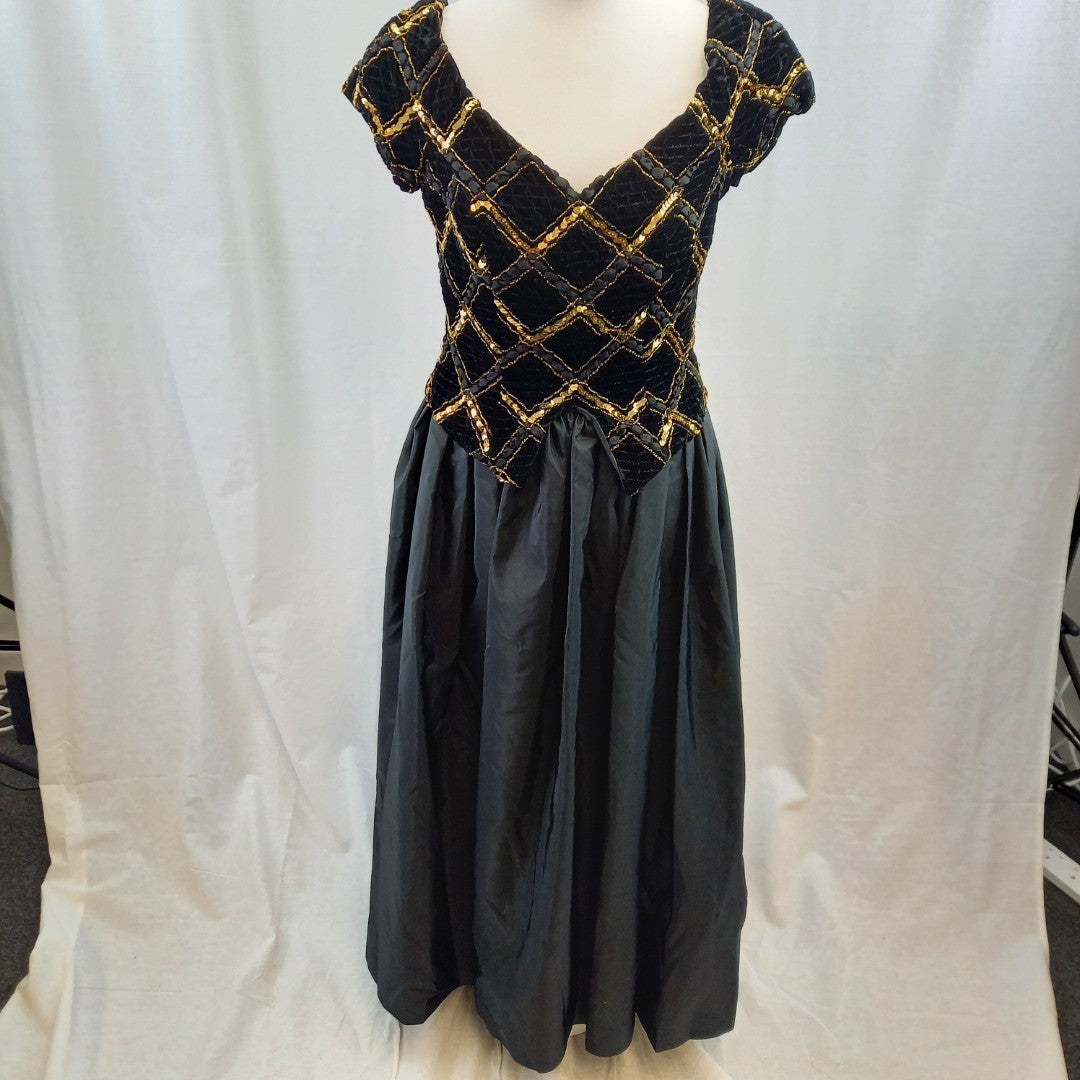 Vintage Black Dress With Gold Detailing UK 10 Good