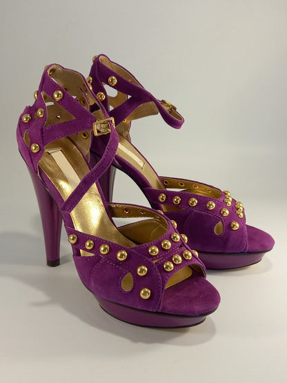 Fuschia Purple Studded Suede Stiletto Cutout Heels - Size UK 5