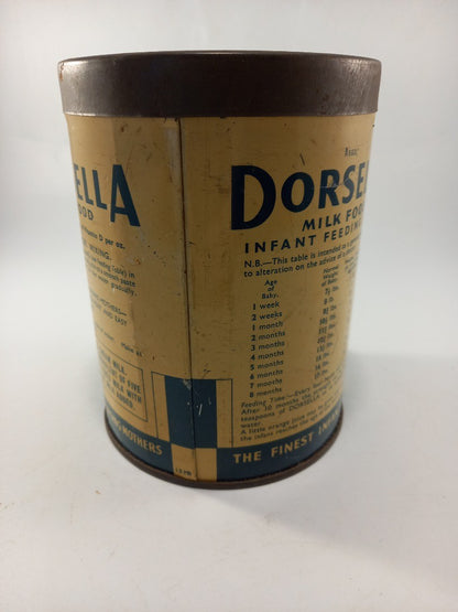 vintage tin dorsella milk food good vintage condition  5.5in tall