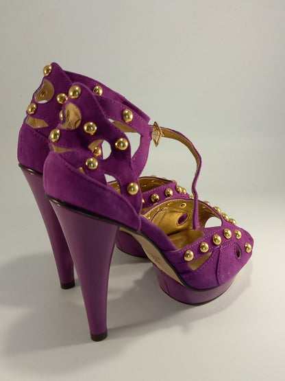 Fuschia Purple Studded Suede Stiletto Cutout Heels - Size UK 5