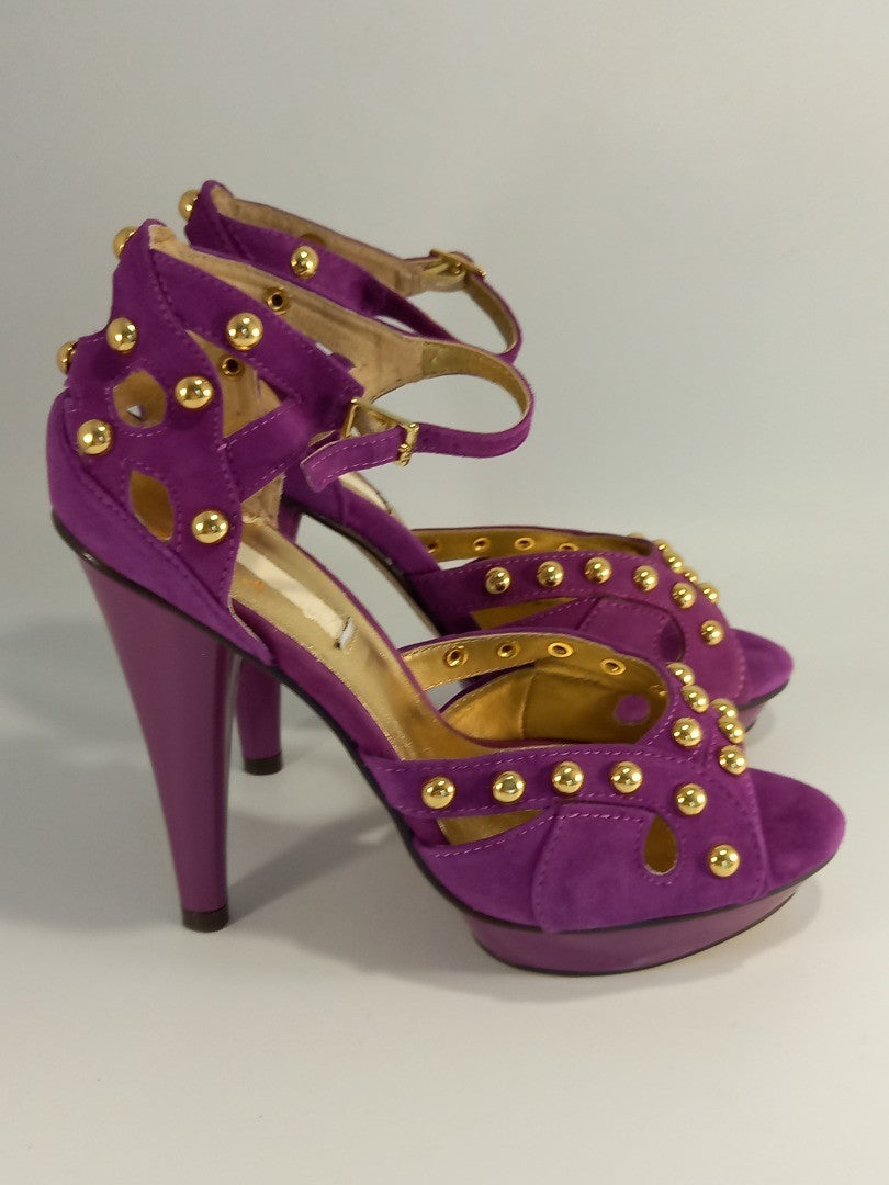 Fuschia Purple Studded Suede Stiletto Cutout Heels - Size UK 5