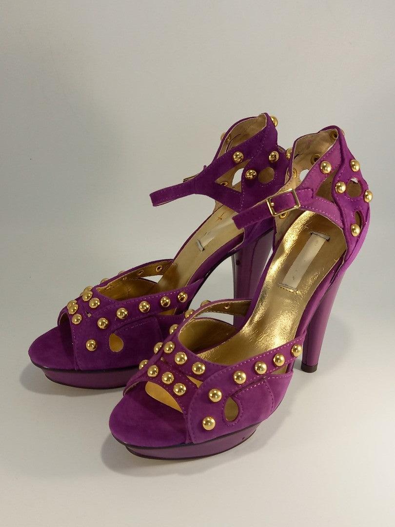 Fuschia Purple Studded Suede Stiletto Cutout Heels - Size UK 5