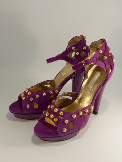 Fuschia Purple Studded Suede Stiletto Cutout Heels - Size UK 5