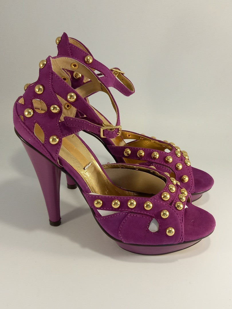 Fuschia Purple Studded Suede Stiletto Cutout Heels - Size UK 4