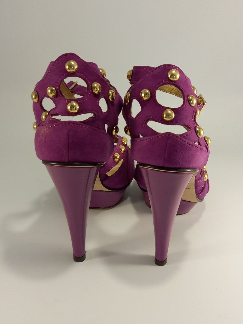 Fuschia Purple Studded Suede Stiletto Cutout Heels - Size UK 4