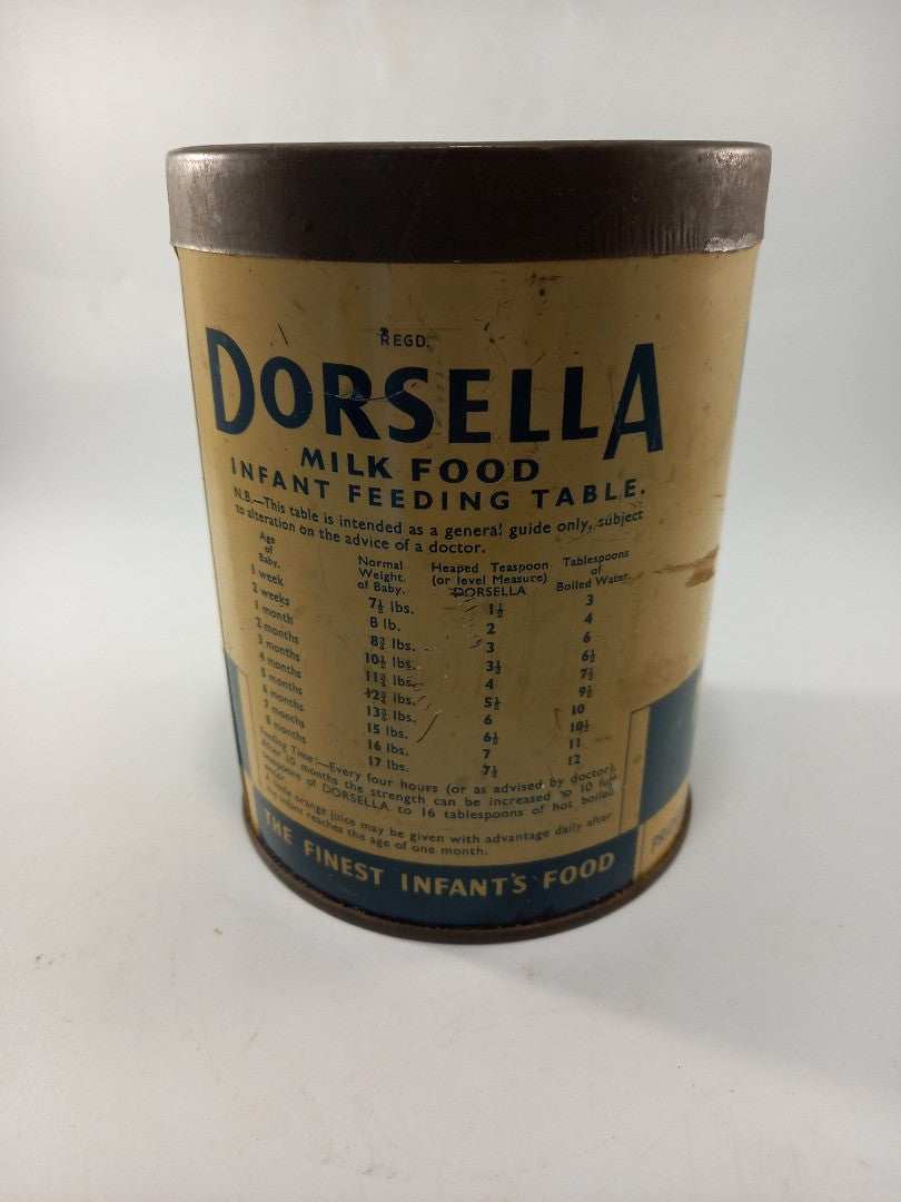 vintage tin dorsella milk food good vintage condition  5.5in tall