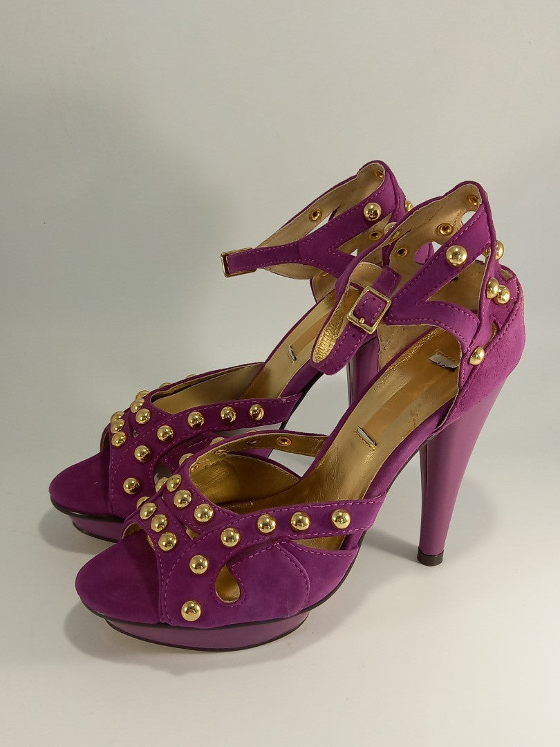 Fuschia Purple Studded Suede Stiletto Cutout Heels - Size UK 4