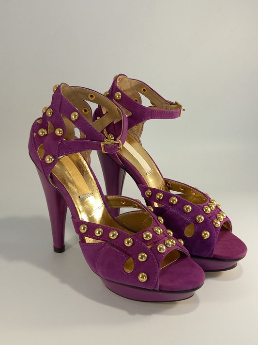 Fuschia Purple Studded Suede Stiletto Cutout Heels - Size UK 3