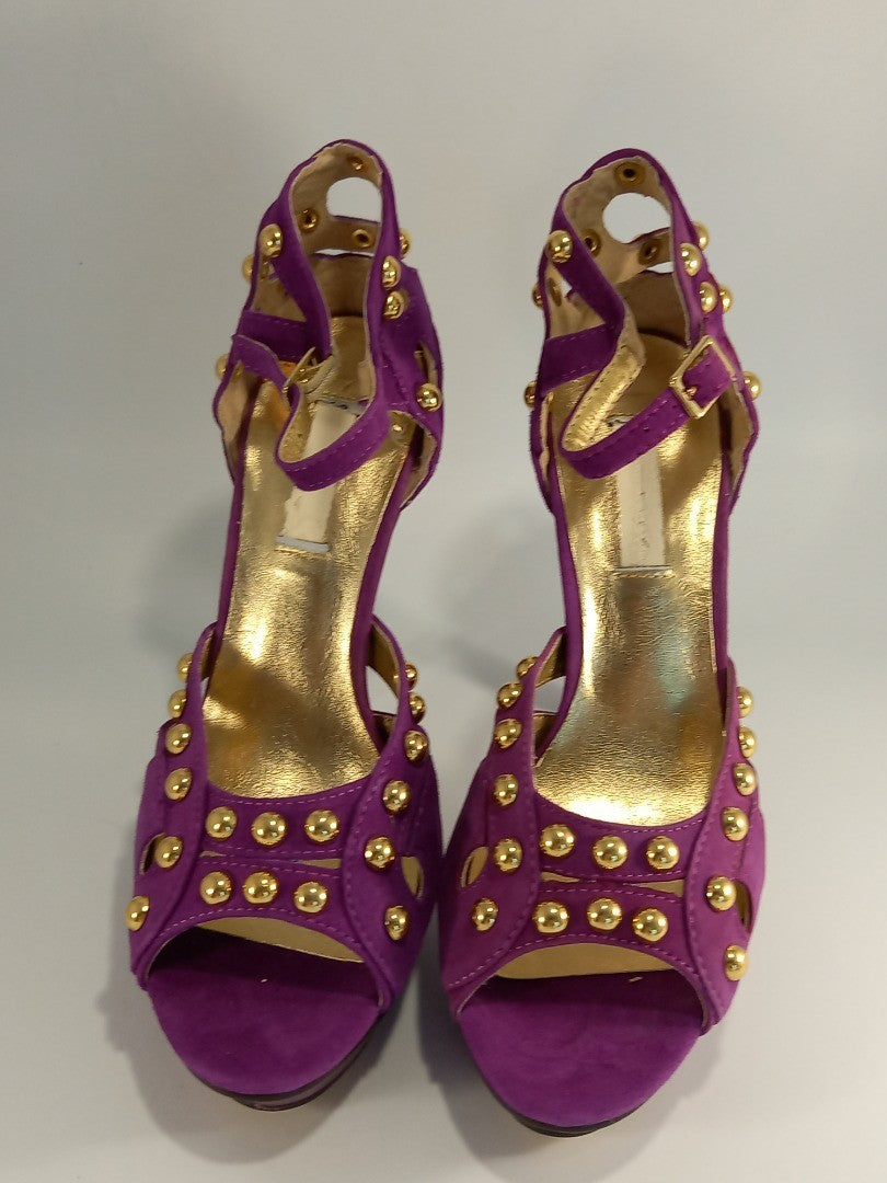 Fuschia Purple Studded Suede Stiletto Cutout Heels - Size UK 5