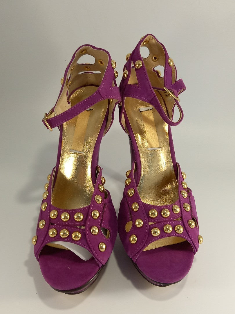 Fuschia Purple Studded Suede Stiletto Cutout Heels - Size UK 4