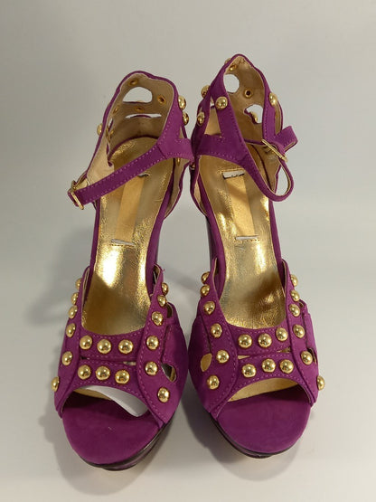 Fuschia Purple Studded Suede Stiletto Cutout Heels - Size UK 4