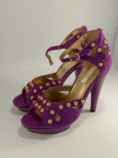 Fuschia Purple Studded Suede Stiletto Cutout Heels - Size UK 5