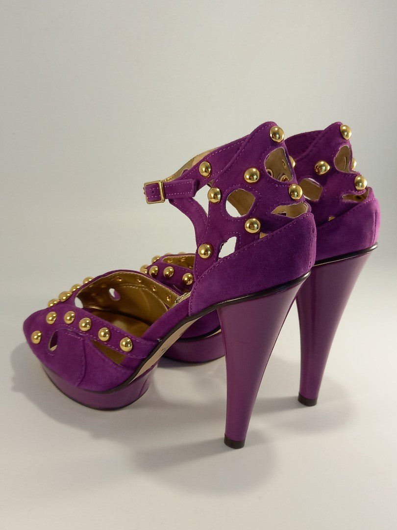 Fuschia Purple Studded Suede Stiletto Cutout Heels - Size UK 5