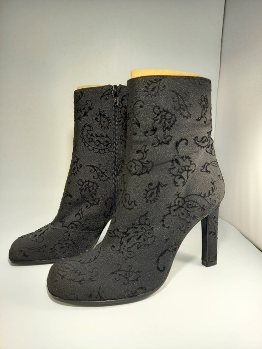 Charles Jourdan Black Devore Floral Heel Boots Size UK 5.5 Retro