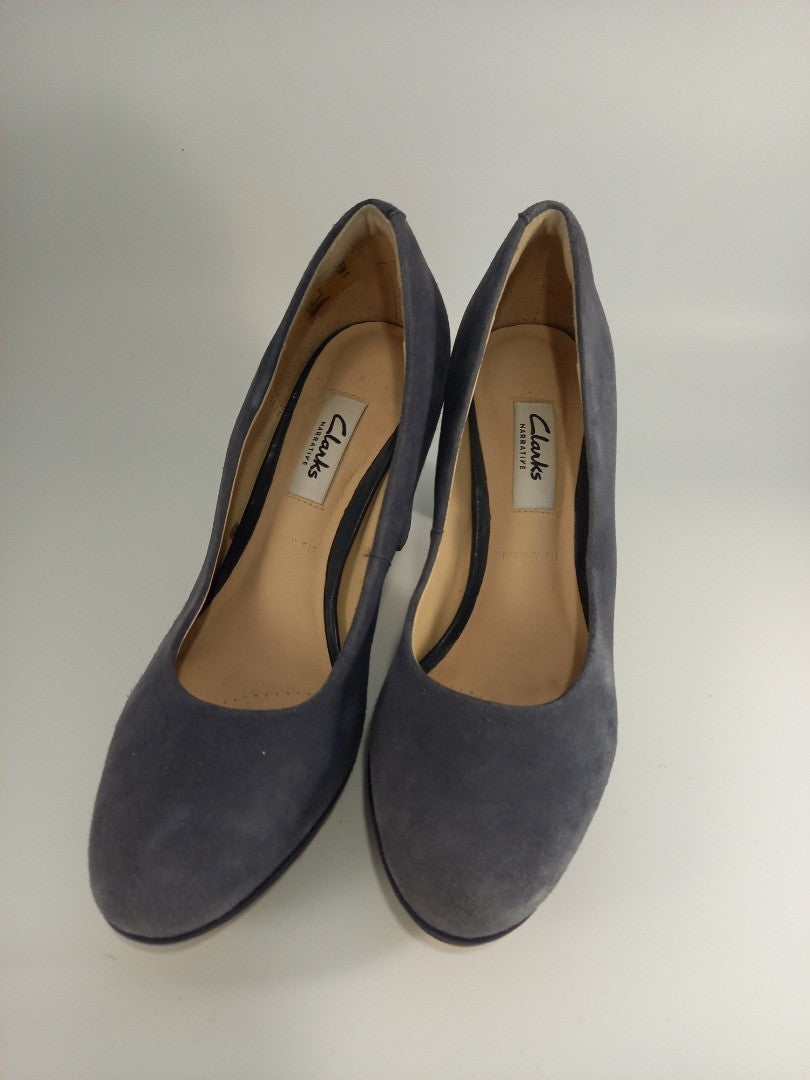 Clarks Narrative Narrow Fit Blue Grey Suede Court Heels - Size UK 3.5