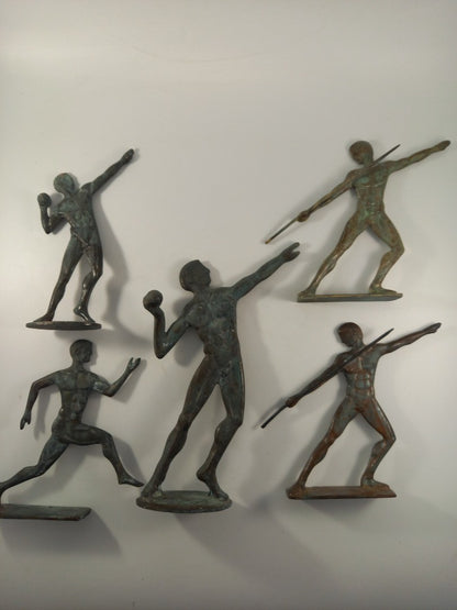 bronze statues athletes x5 male figures sports javelin shotput running VGC