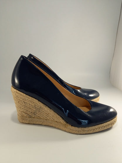 Leather Collection Navy Blue Patent Leather Wedge Espadrille Shoes - Size UK 5